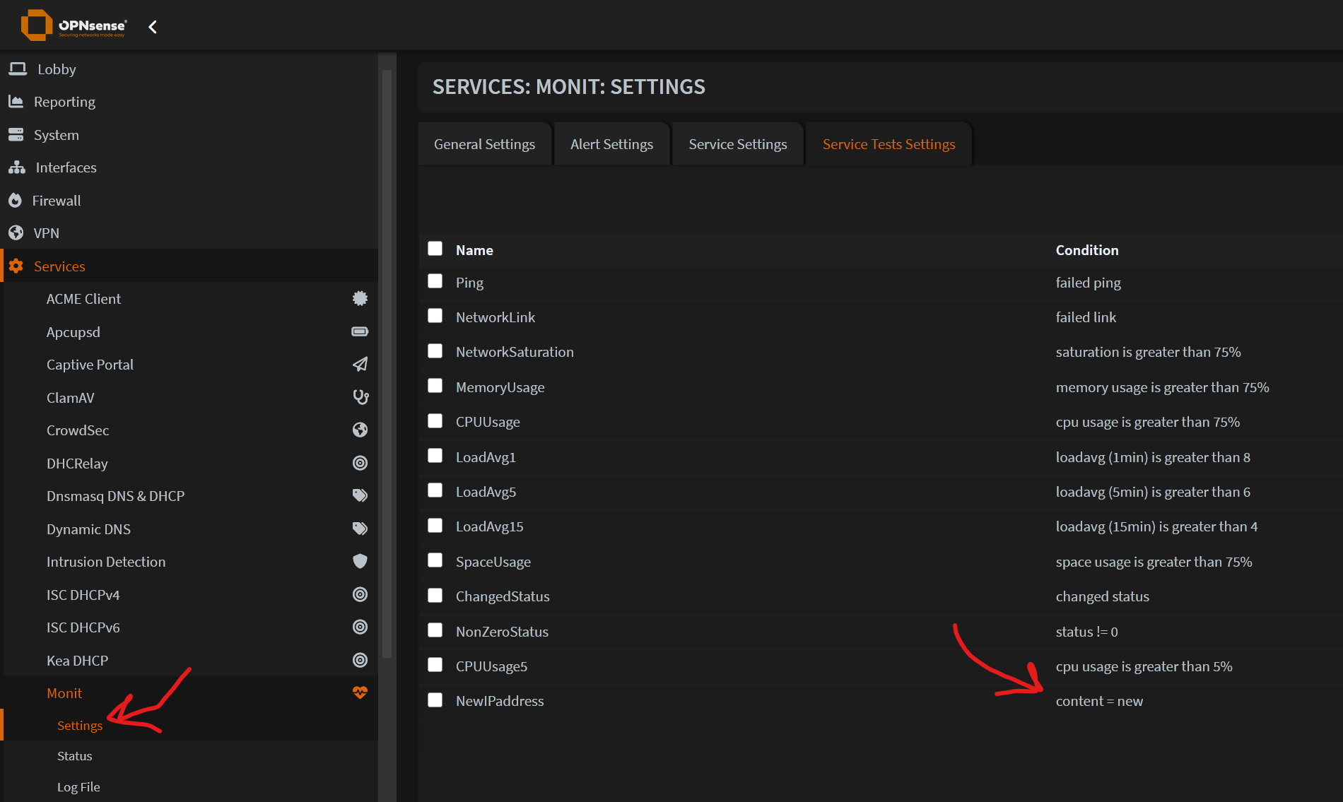 OPNSense Monit Settings